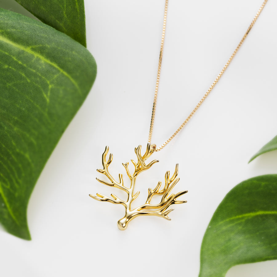 925 Sterling Silver 14K Gold Plated Ocean Coral Branch Tree Sea Necklace Pendant with 18” Box Chain (Yellow Gold)