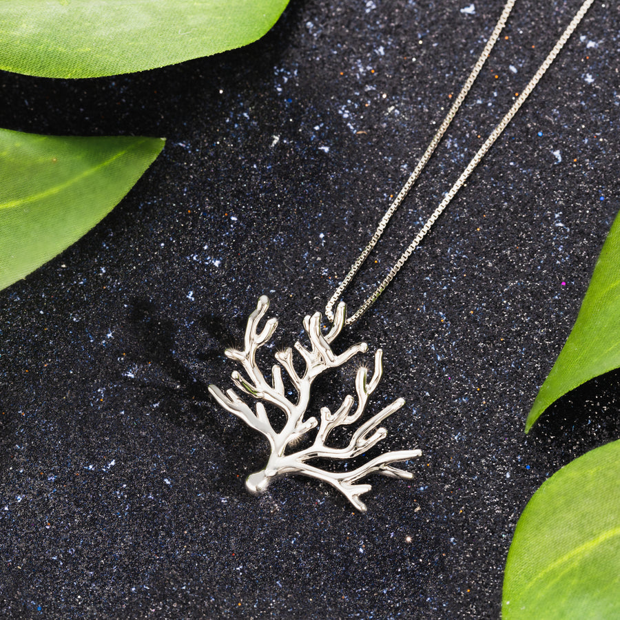 925 Sterling Silver Ocean Coral Branch Tree Sea Necklace Pendant with 18” Box Chain (Silver)