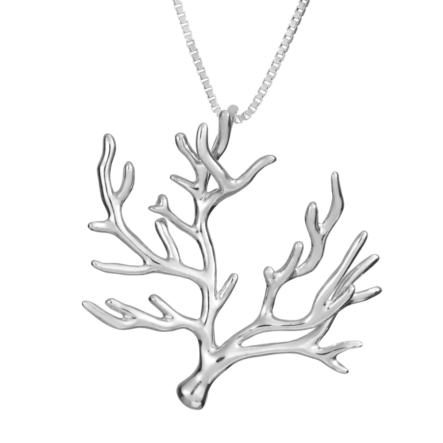925 Sterling Silver Ocean Coral Branch Tree Sea Necklace Pendant with 18” Box Chain (Silver)
