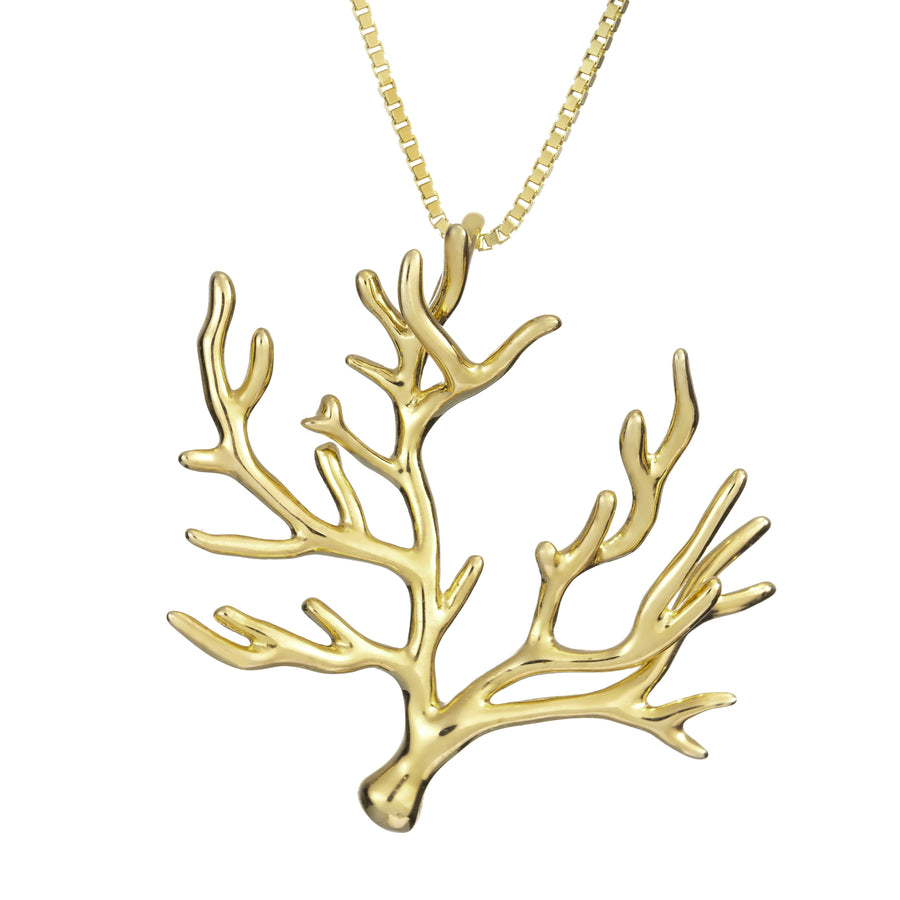 925 Sterling Silver 14K Gold Plated Ocean Coral Branch Tree Sea Necklace Pendant with 18” Box Chain (Yellow Gold)