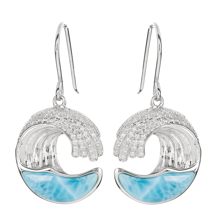 Sterling Silver Natural Larimar Topaz Pave Ocean Wave Dangle Earrings