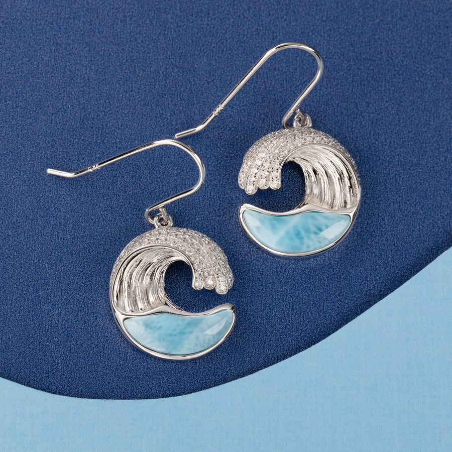 Sterling Silver Natural Larimar Topaz Pave Ocean Wave Dangle Earrings