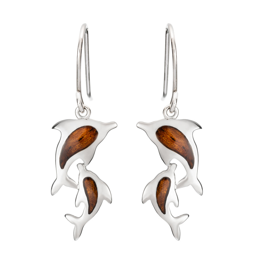 Sterling Silver Koa Wood Mother & Baby Dolphin Dangle Hook Earrings