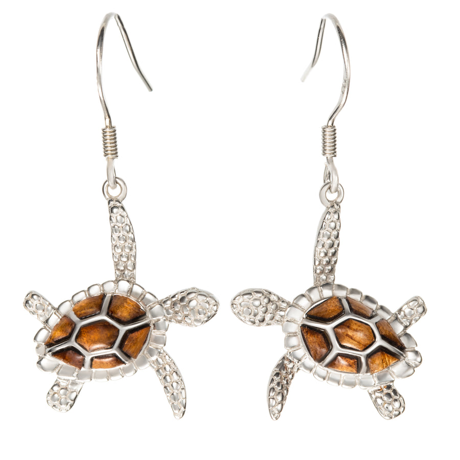 Sterling Silver Koa Wood 3D Turtle Dangle Earrings