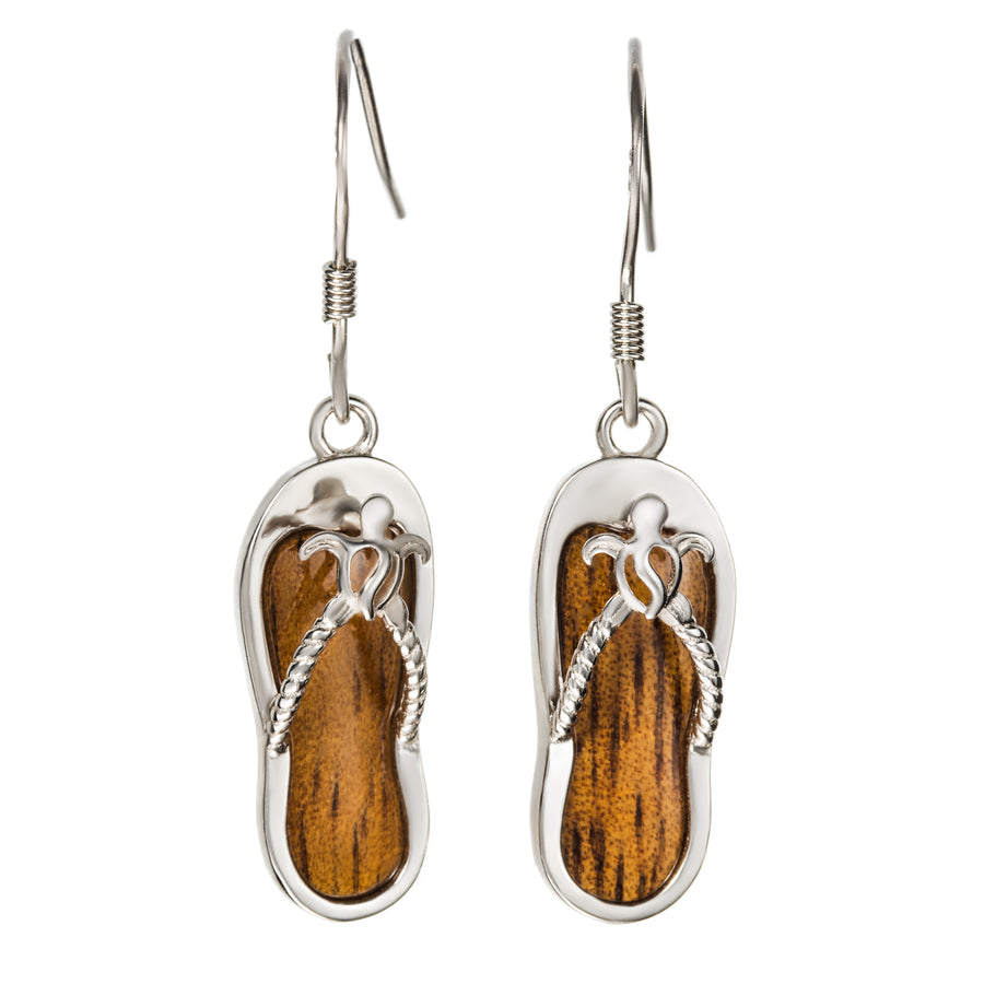 Sterling Silver Koa Wood Turtle Flip Flop Slipper Dangle Earrings