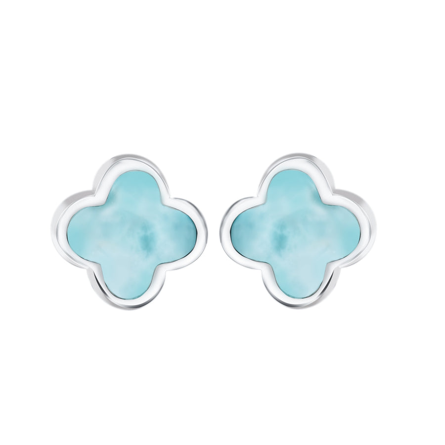 Sterling Silver Larimar Four Leaf Clover Stud Earrings