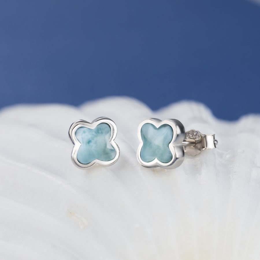 Sterling Silver Larimar Four Leaf Clover Stud Earrings