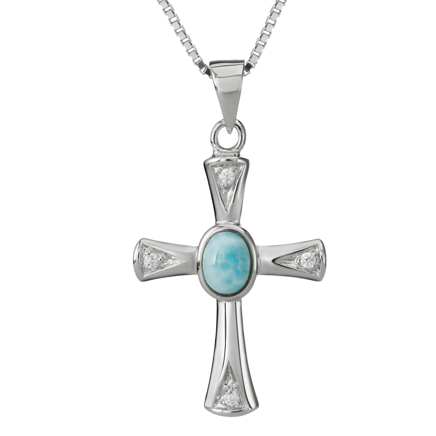 Sterling Silver Natural Larimar Holy Cross Necklace Pendant with Topaz