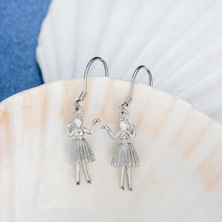 Sterling Silver Hawaiian Dancing Hula Girl Dangle Hook Earrings