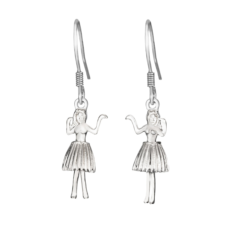 Sterling Silver Hawaiian Dancing Hula Girl Dangle Hook Earrings