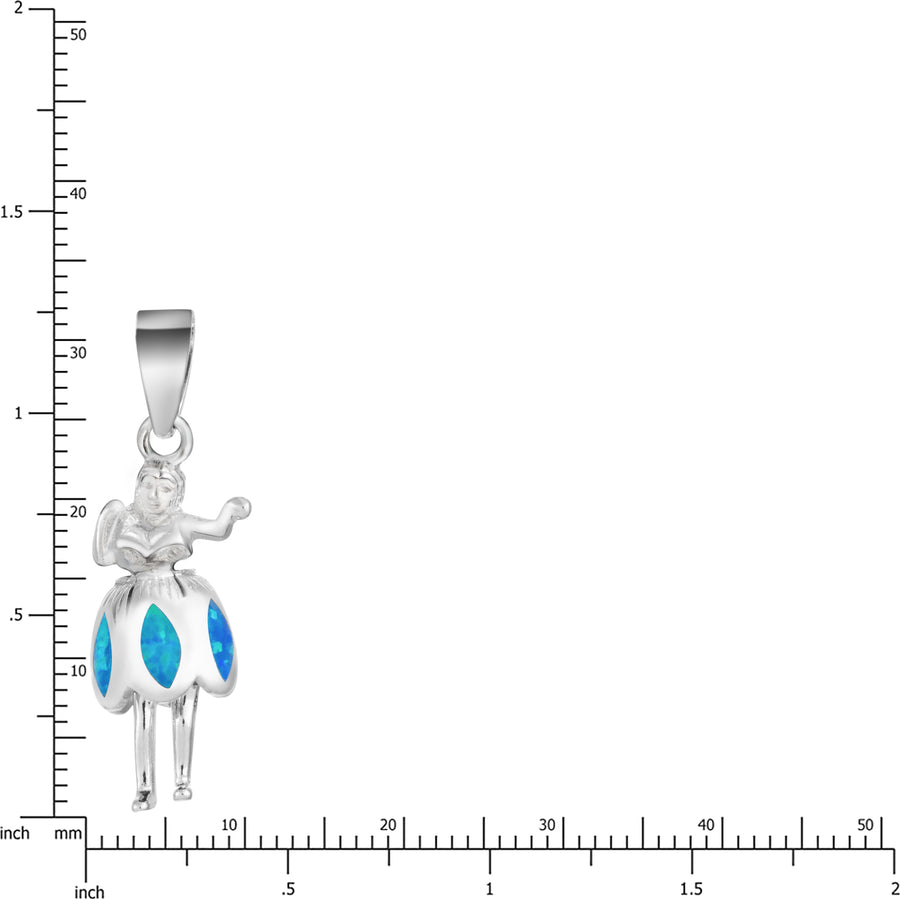 Sterling Silver Created Blue Opal Dancing Hawaiian Hula Girl Necklace Pendant with 18" Box Chain