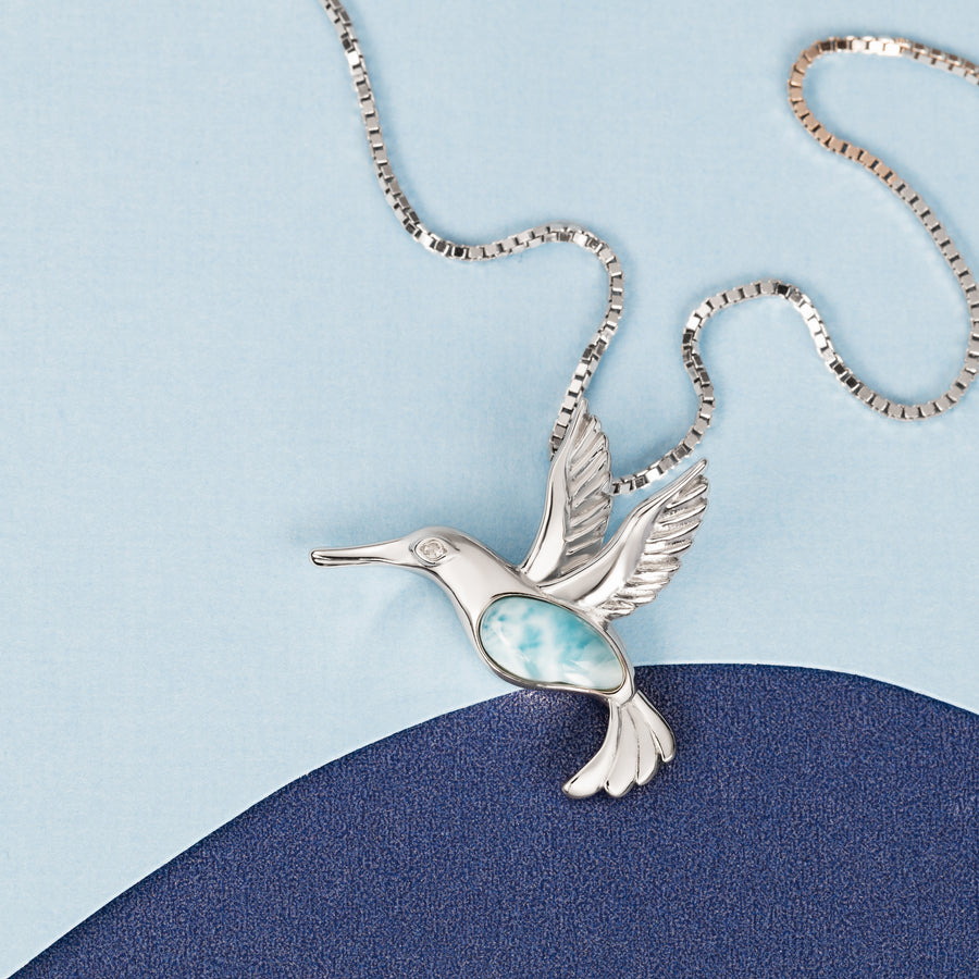 Sterling Silver Larimar Hummingbird Necklace Pendant with Cubic Zirconia