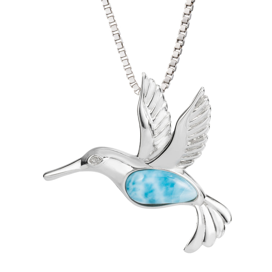 Sterling Silver Larimar Hummingbird Necklace Pendant with Cubic Zirconia