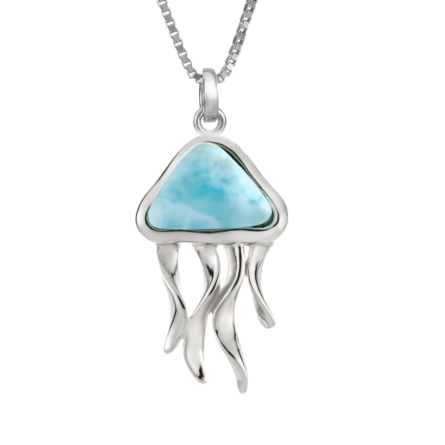 Sterling Silver Natural Larimar Jellyfish Necklace Pendant with 18" Box Chain