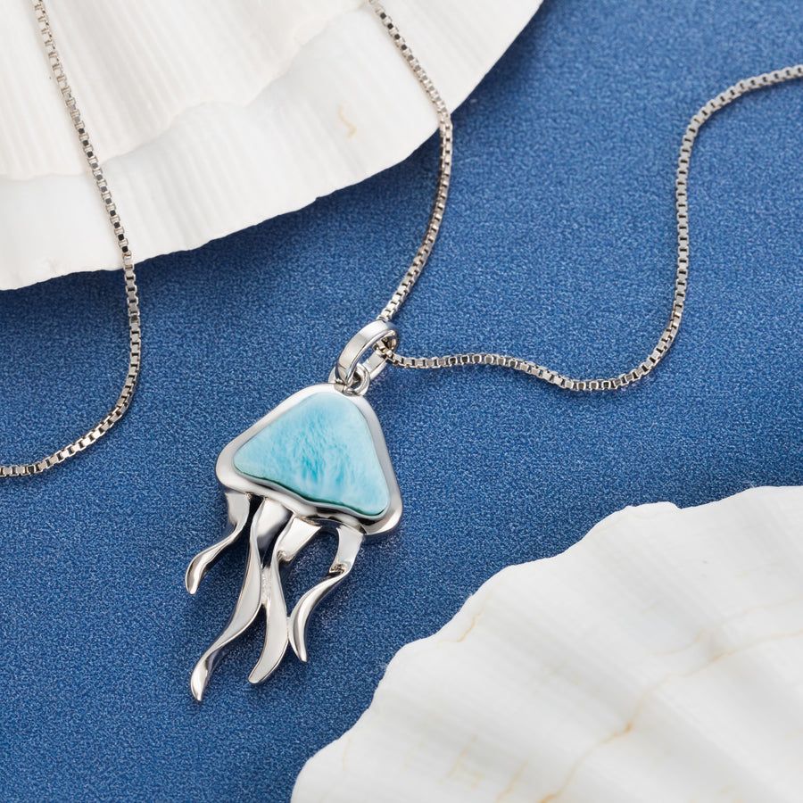 Sterling Silver Natural Larimar Jellyfish Necklace Pendant with 18" Box Chain