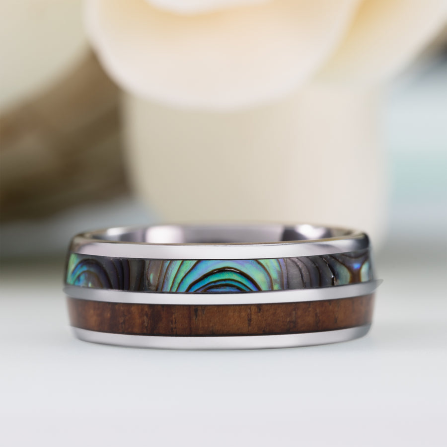 Tungsten Carbide Hawaiian Koa Wood with Abalone Shell Inlay 8mm Ring