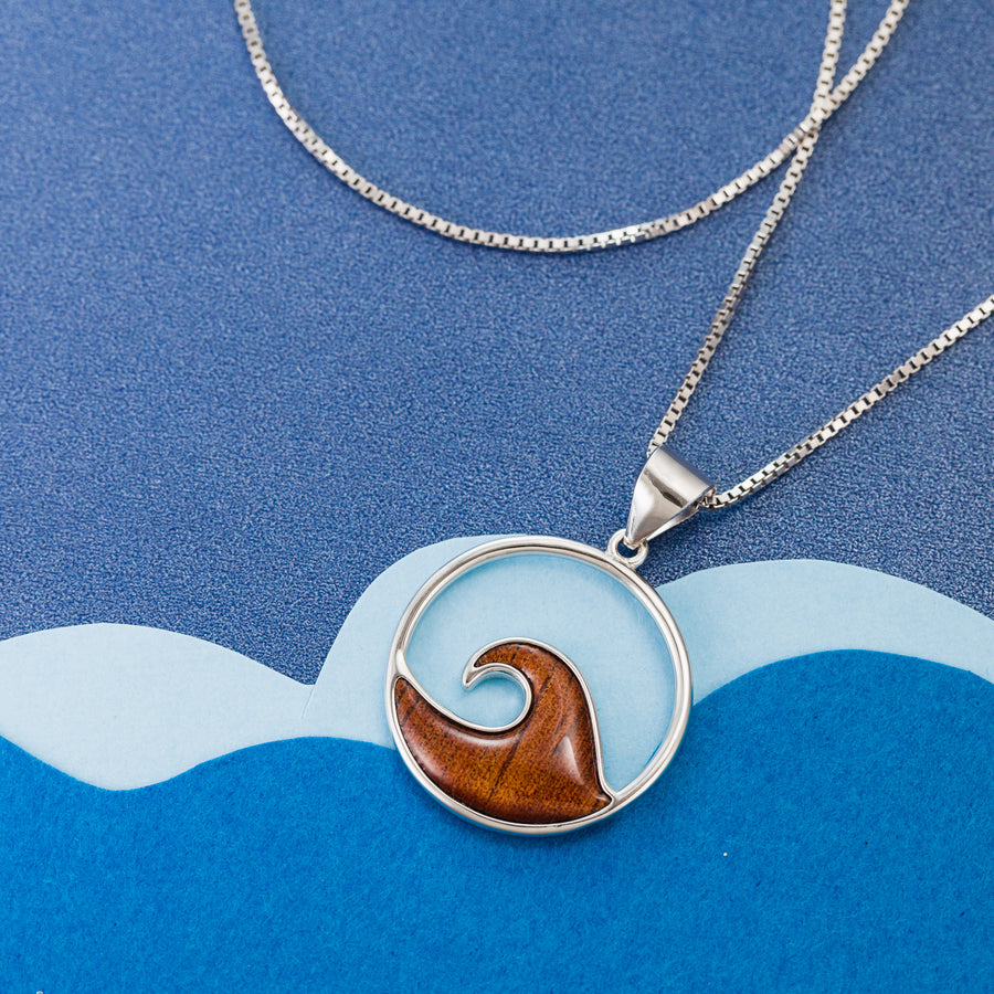 Sterling Silver Natural Koa Wood Wave Pendant