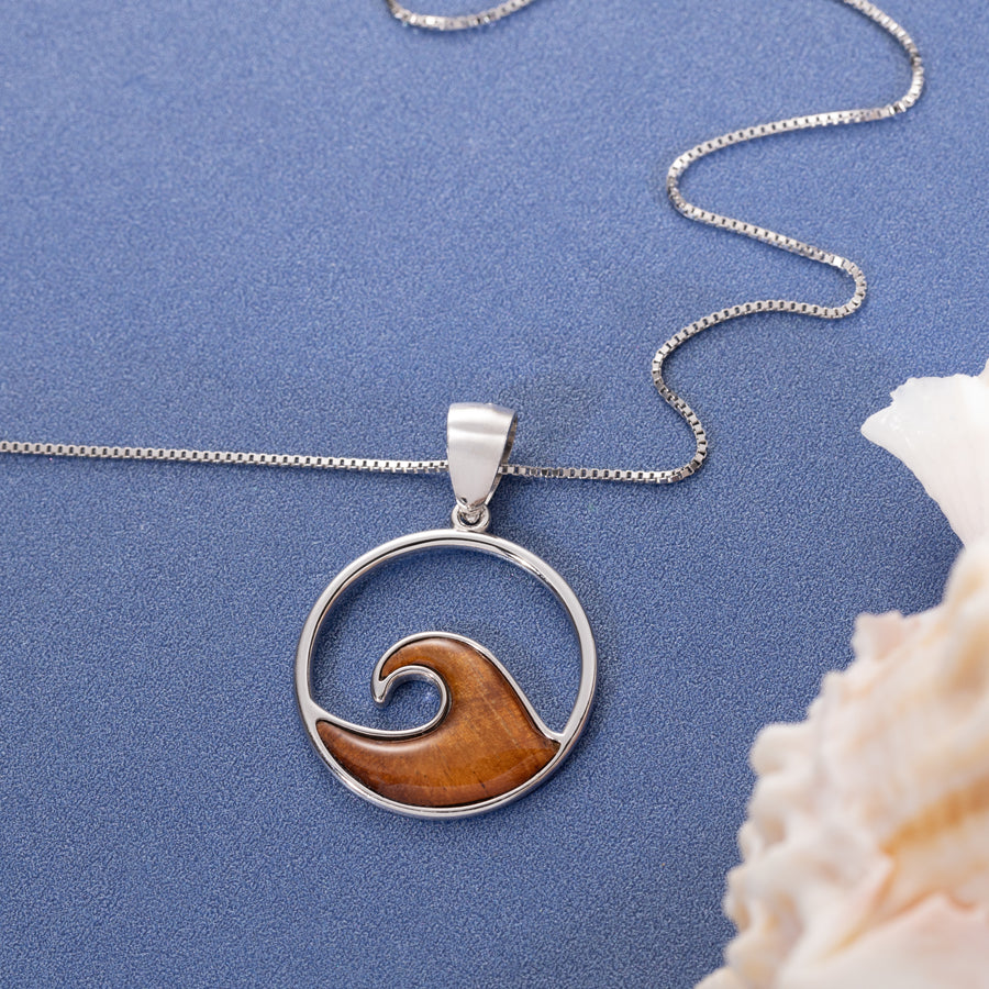 Sterling Silver Natural Koa Wood Wave Pendant