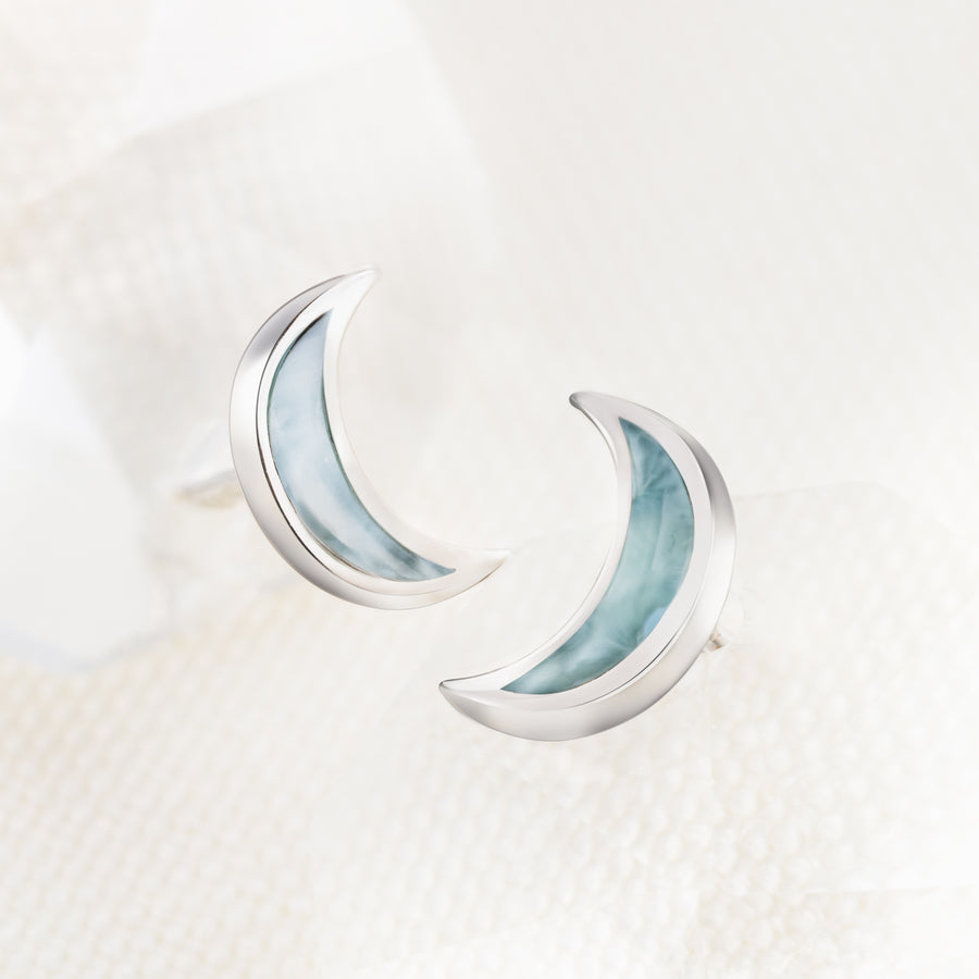 Sterling Silver Larimar Crescent Moon Stud Earrings