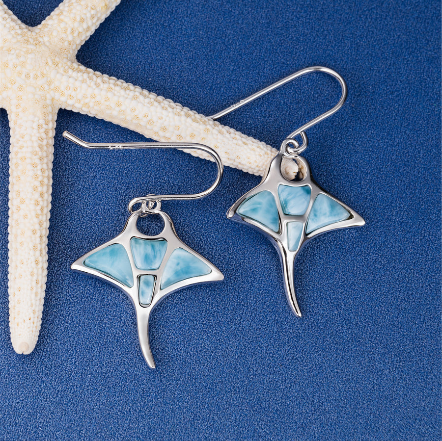 Sterling Silver Natural Larimar Manta Ray Dangle Earrings