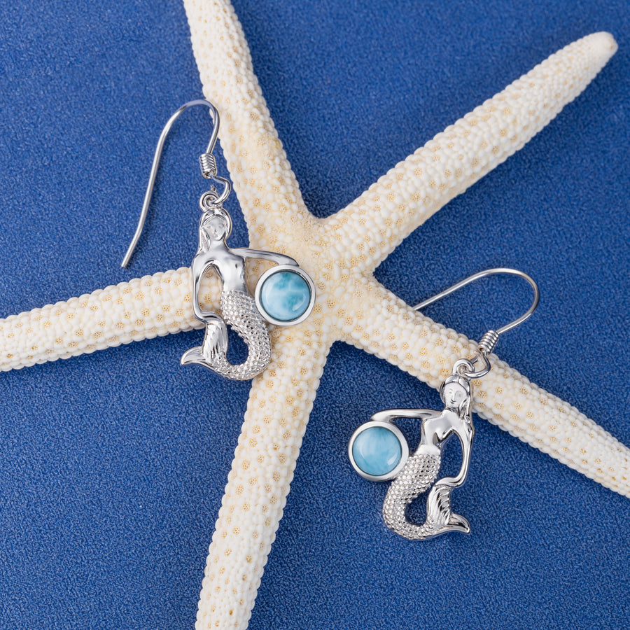 Sterling Silver Natural Larimar Mermaid Dangle Earrings