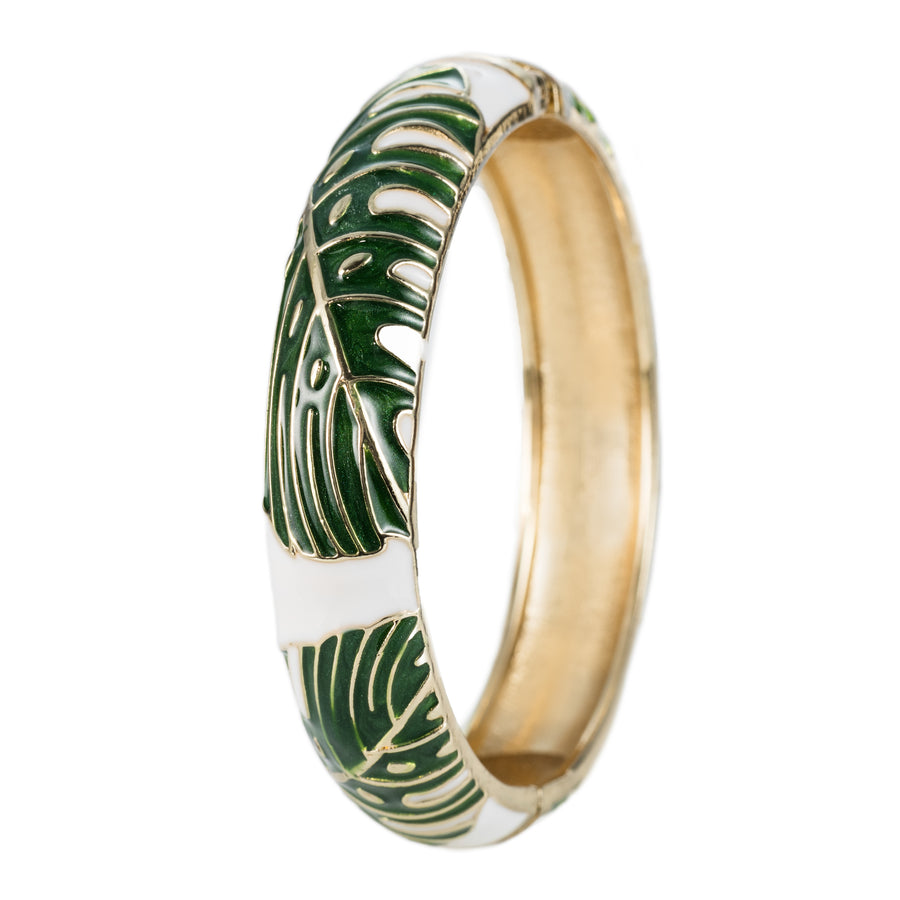 Hawaiian Monstera Luau Leaves Hinged Clasp Fashion Enamel Bangle Bracelet