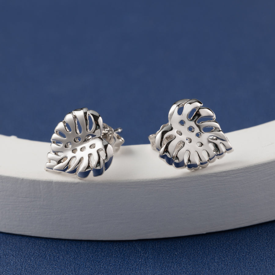 925 Sterling Silver Monstera Leaf Stud Earrings