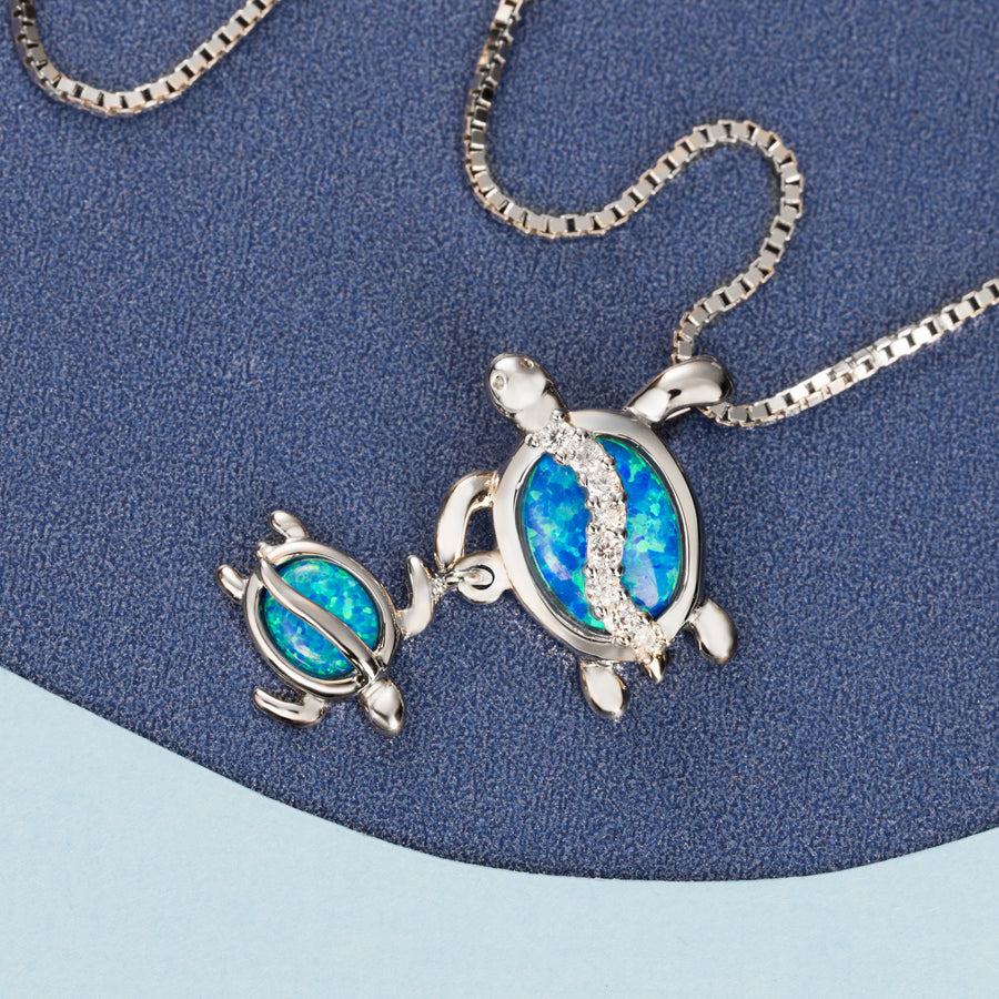 Sterling Silver Blue Opal Mother & Baby Turtle Necklace Pendant with Cubic Zirconia