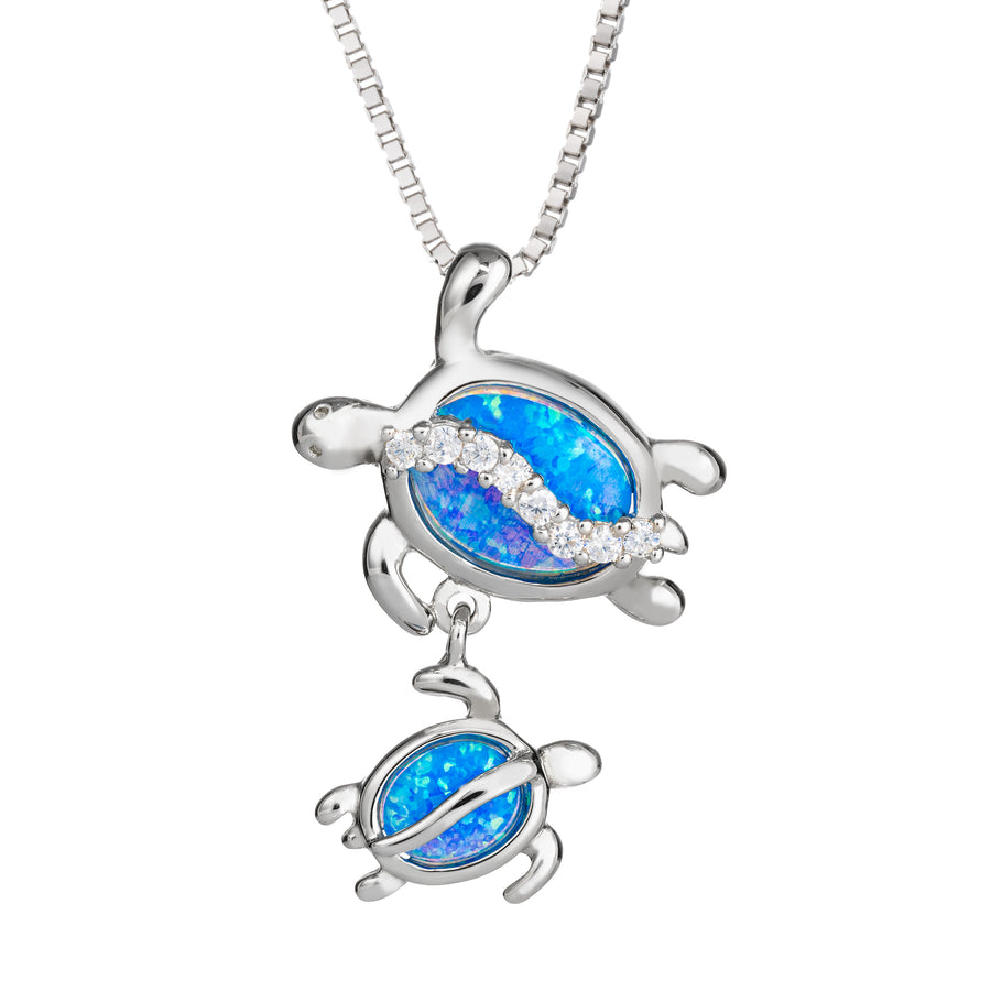 Sterling Silver Blue Opal Mother & Baby Turtle Necklace Pendant with Cubic Zirconia