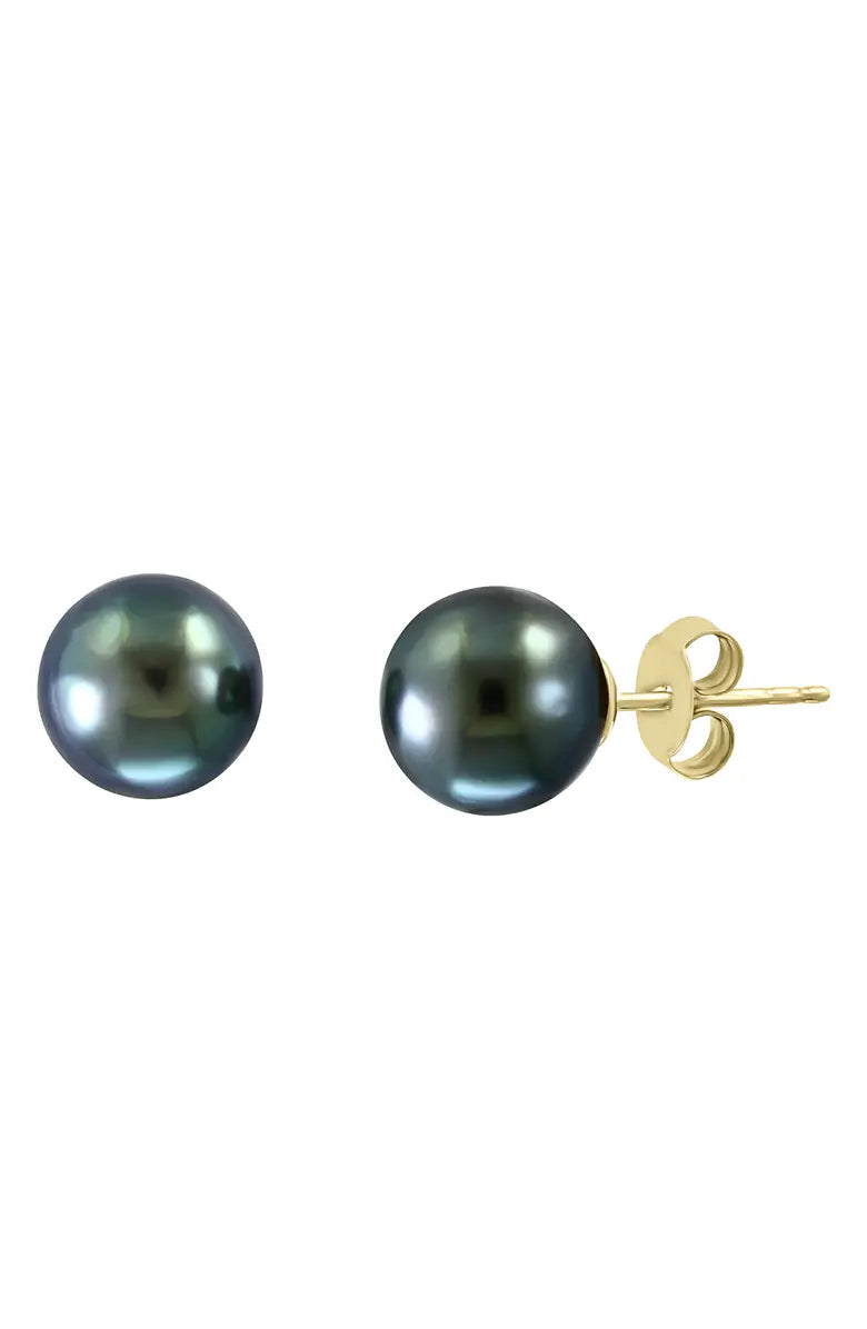 Solid 14K Yellow-Gold Genuine AAA Tahitian Black Pearl Stud Earrings 8mm – 10mm