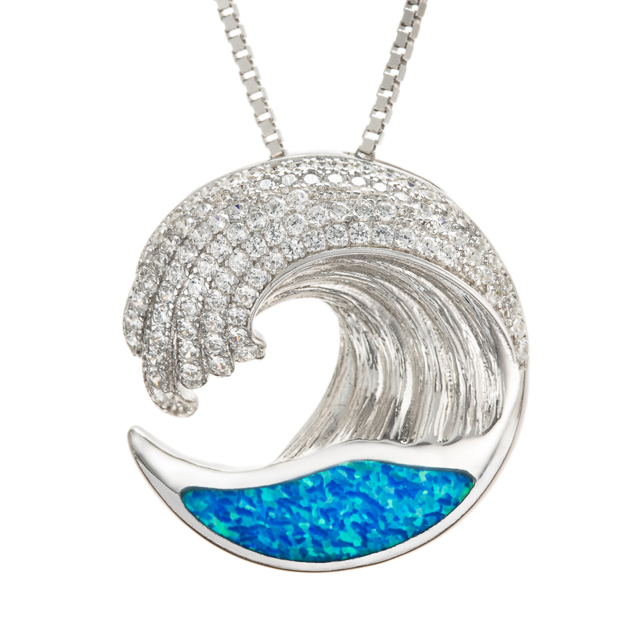 Sterling Silver Opal Wave Pendant with Topaz Pave