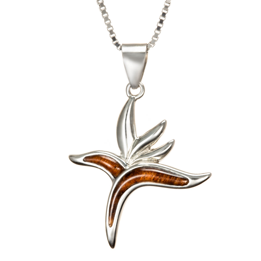 Sterling Silver Natural Koa Wood Bird of Paradise Flower Pendant