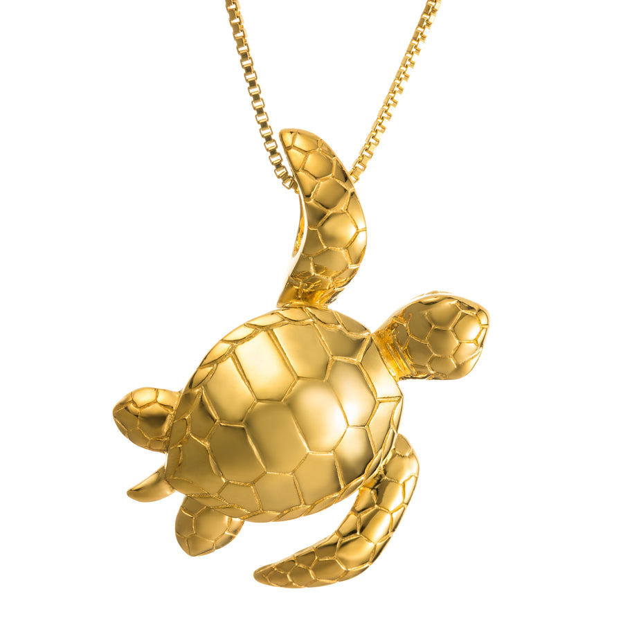 925 Sterling Silver 14K Gold Plated Waving Turtle Honu Pendant (Yellow-Gold)