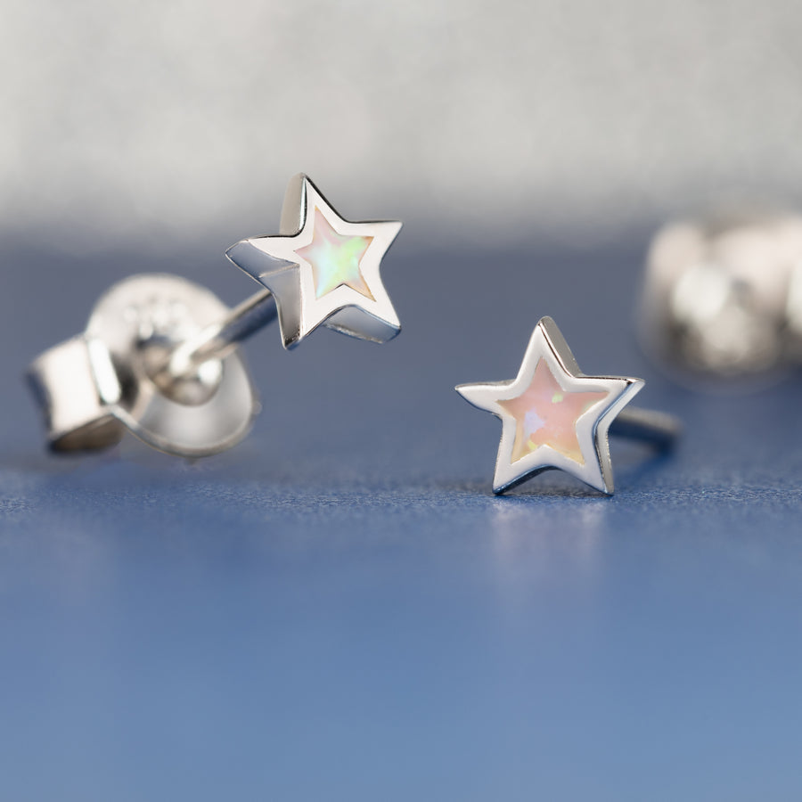 Sterling Silver Opal Star Stud Earrings