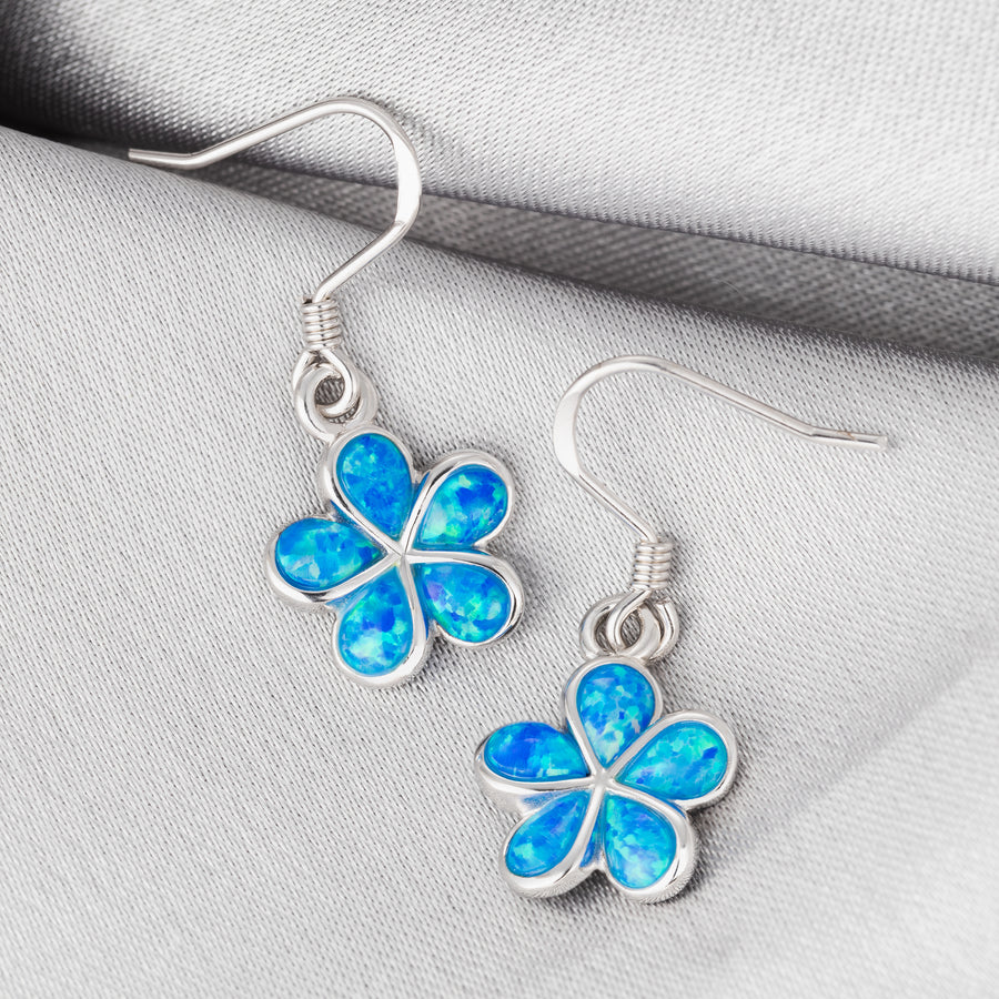 Sterling Silver Blue Opal Plumeria Flower Dangle Earrings