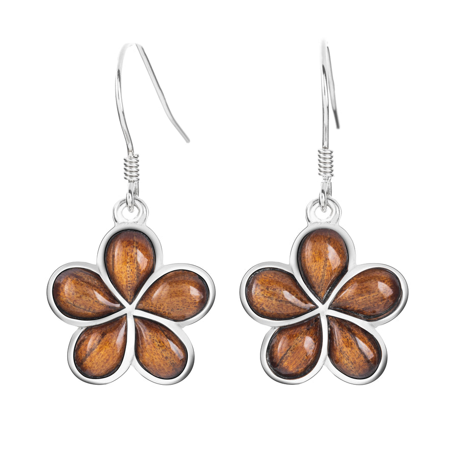 Sterling Silver Natural Koa Wood Plumeria Dangle Earrings