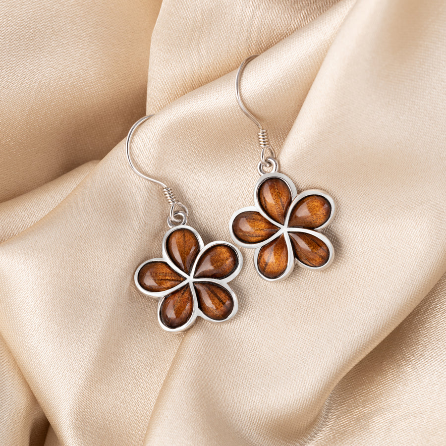 Sterling Silver Natural Koa Wood Plumeria Dangle Earrings