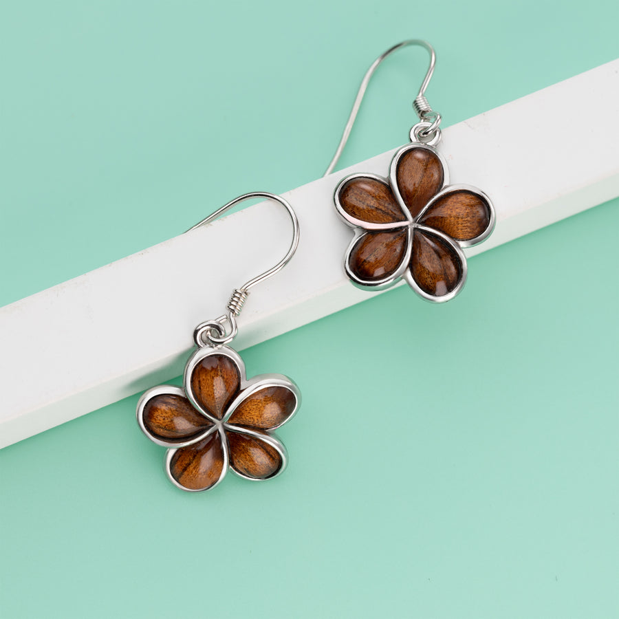 Sterling Silver Natural Koa Wood Plumeria Dangle Earrings