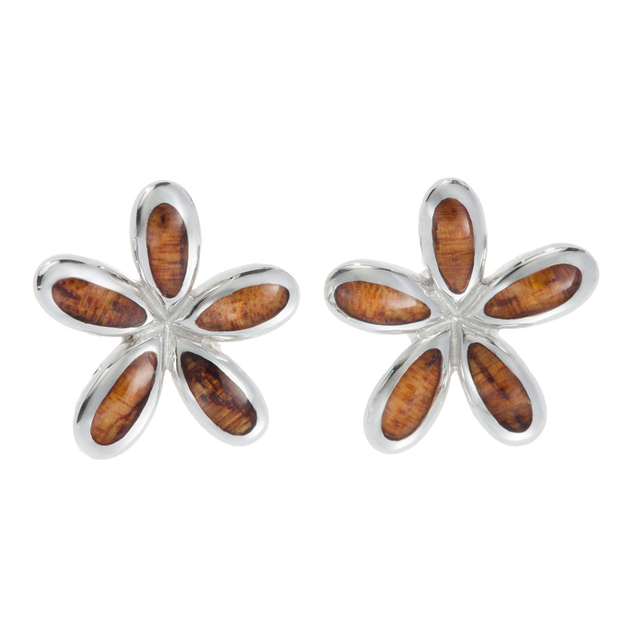 Sterling Silver Koa Wood Hawaiian Plumeria Stud Earrings