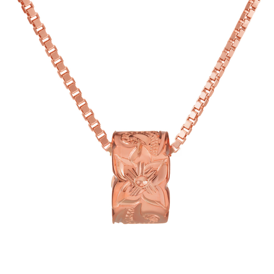 925 Sterling Silver 14K Gold Plated Hawaiian Plumeria Flower Princess Scroll Cut Out Barrel Pendant (Rose-Gold)