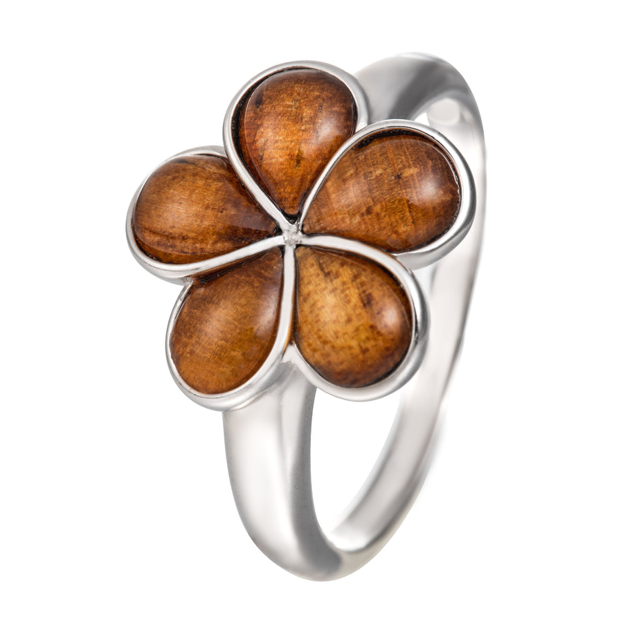 Sterling Silver Koa Wood Plumeria Ring