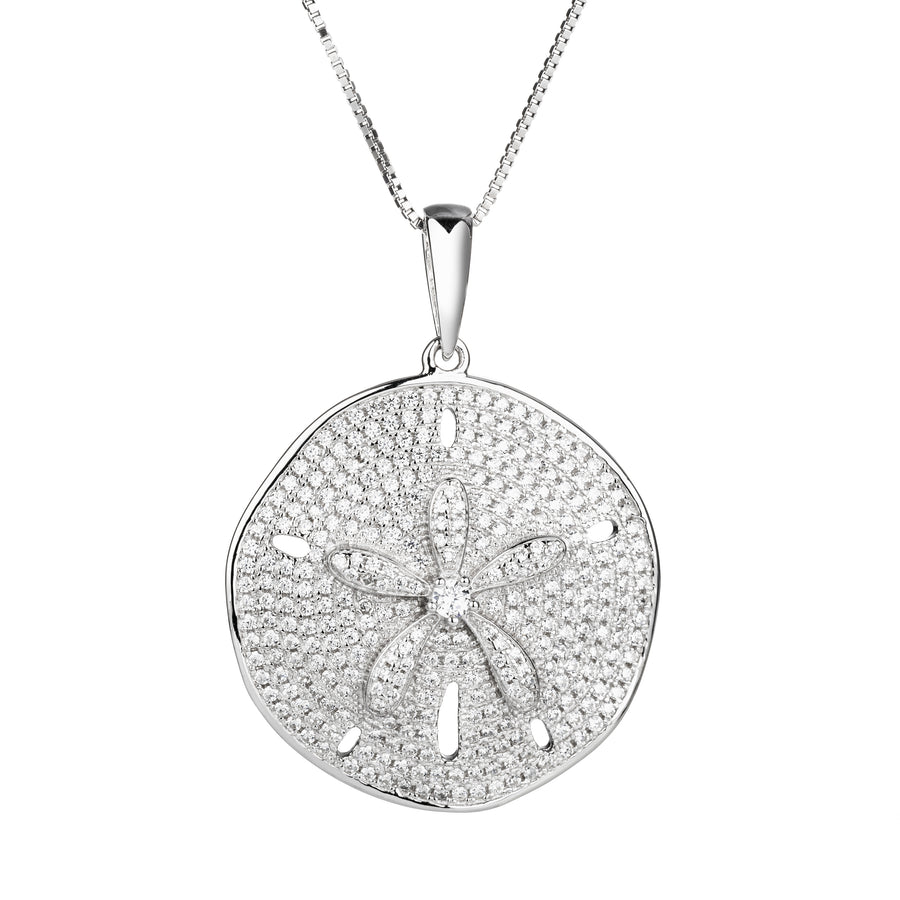 925 Sterling Silver Sand Dollar Topaz Pave Sea Life Charm Necklace Pedant with 18" Box Chain (Luxurious)