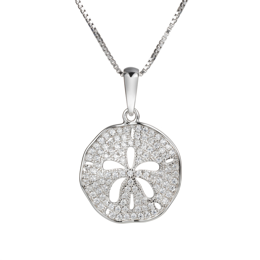 925 Sterling Silver Sand Dollar Topaz Pave Sea Life Charm Necklace Pedant with 18" Box Chain (Minimalist)