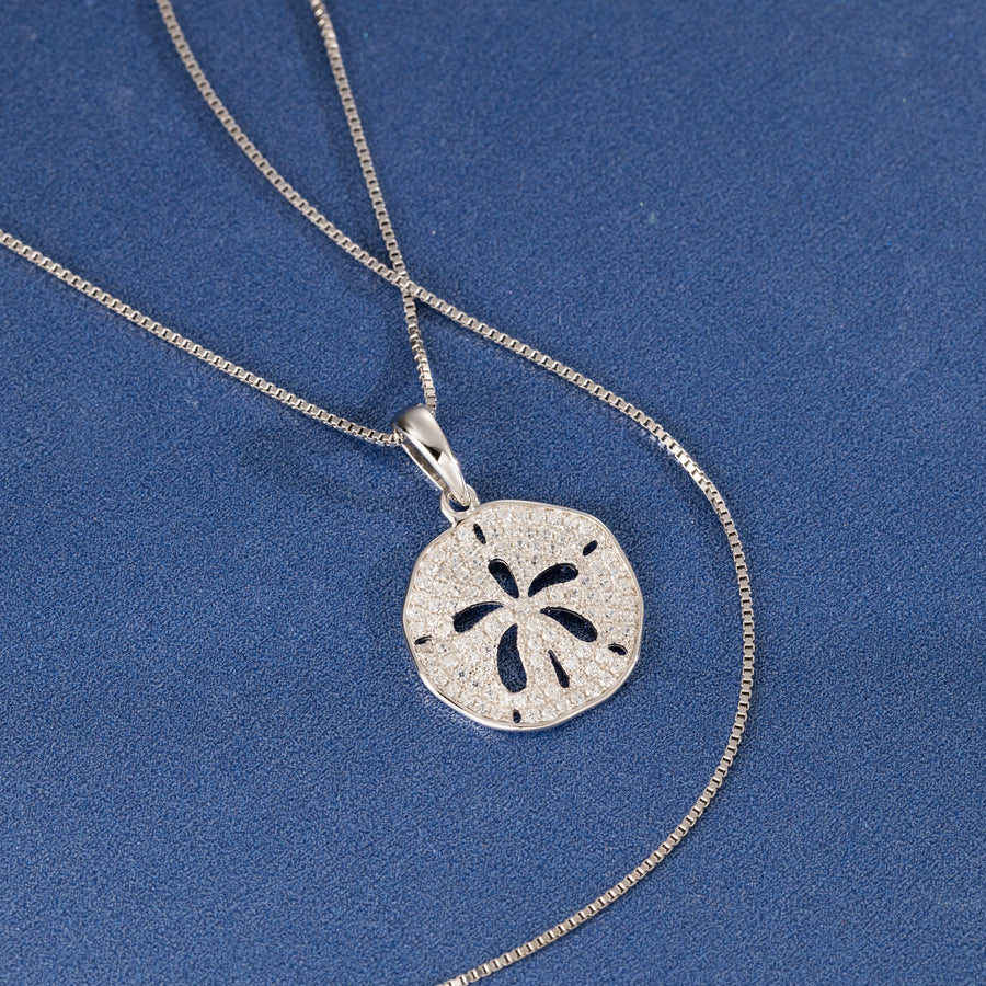 925 Sterling Silver Sand Dollar Topaz Pave Sea Life Charm Necklace Pedant with 18" Box Chain (Minimalist)