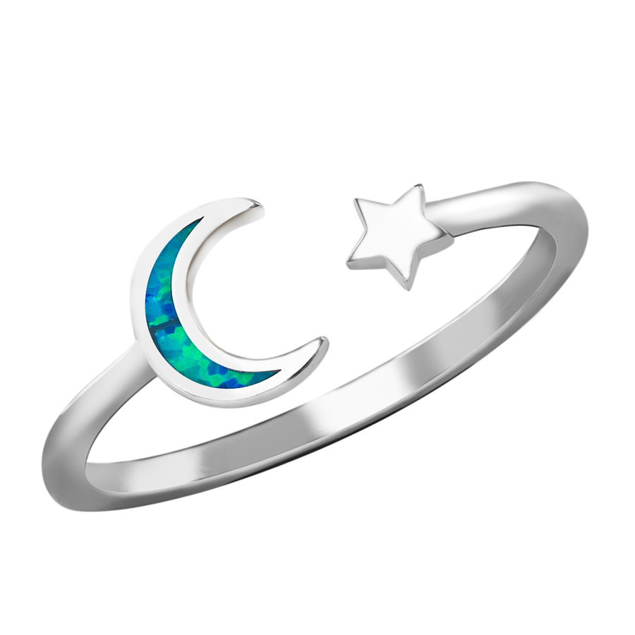 Sterling Silver Opal Stackable Moon and Star Wedding Ring Band