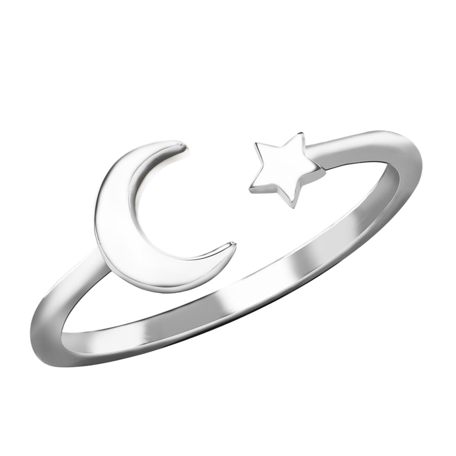 Sterling Silver Stackable Moon and Star Wedding Ring Band