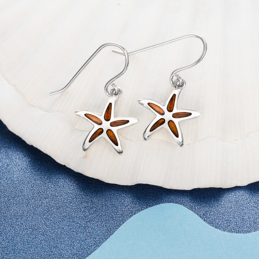 Sterling Silver Koa Wood Starfish Dangle Earrings