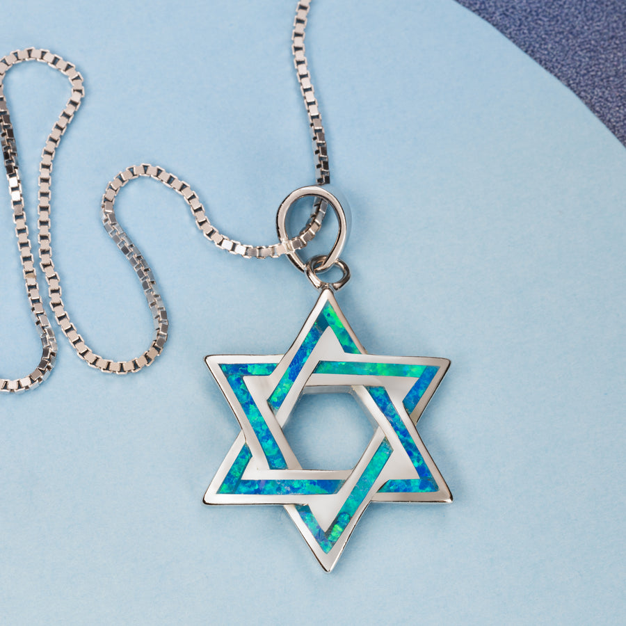 Sterling Silver Blue Opal Star of David Necklace Pendant