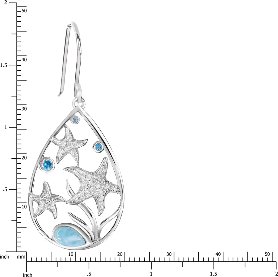 Sterling Silver Natural Larimar "Hawaiian Stars" Starfish Raindrop Topaz Pave Dangle Earrings