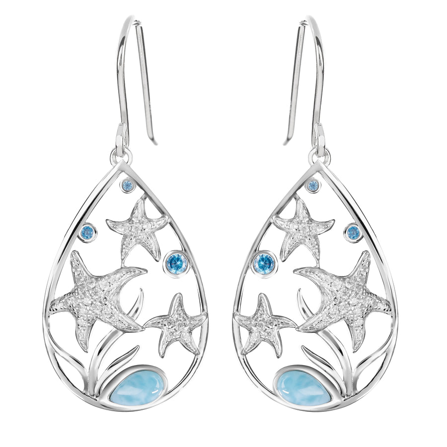 Sterling Silver Natural Larimar "Hawaiian Stars" Starfish Raindrop Topaz Pave Dangle Earrings